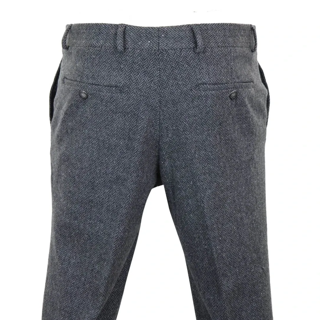 STZ11 - Men's Grey Charcoal Tweed Herringbone Wool Trousers