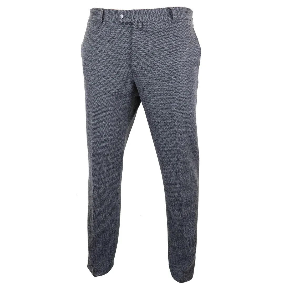 STZ11 - Men's Grey Charcoal Tweed Herringbone Wool Trousers