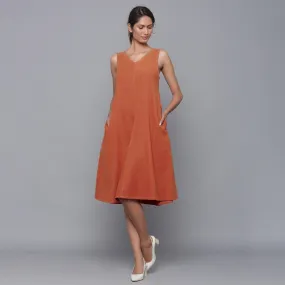 Sunset Rust Warm Cotton Corduroy Knee Length Flared Dress