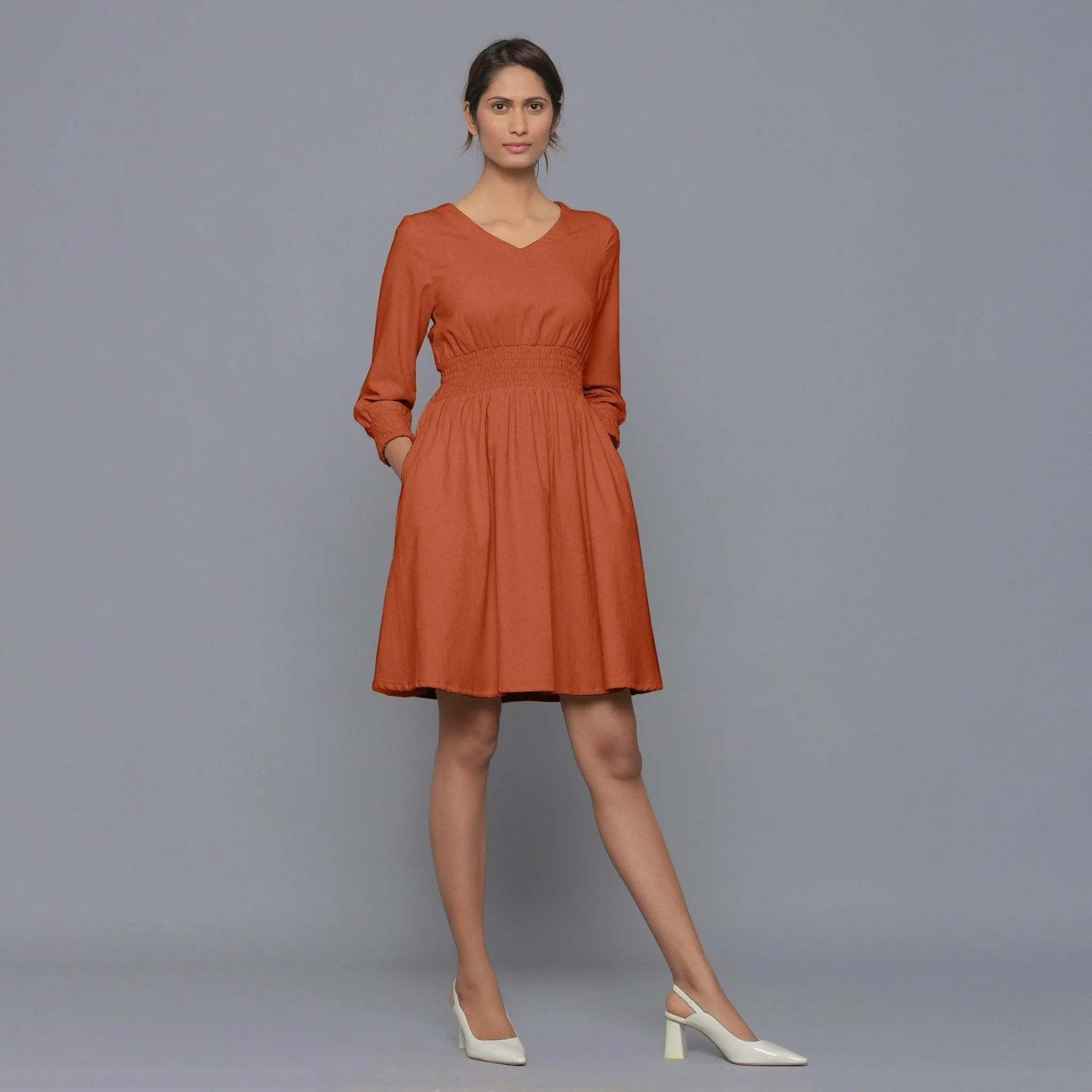 Sunset Rust Warm Cotton Corduroy Short Dress