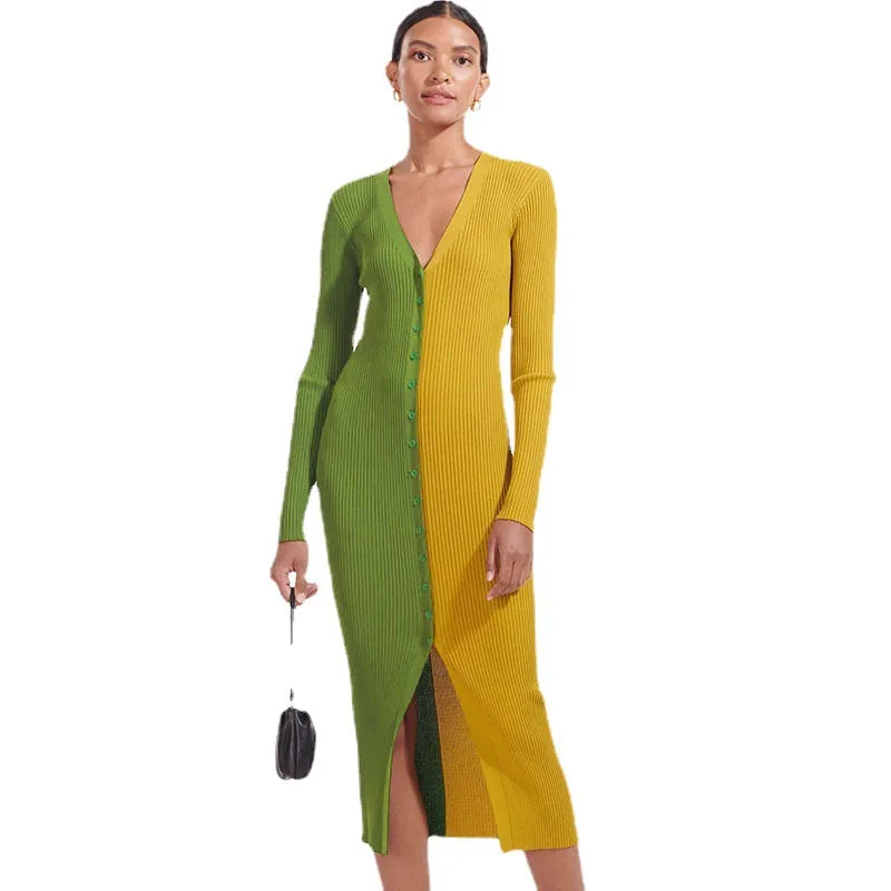 Temperament Contrast Color Stitching V-Neck Button Slim Midi Dress Wholesale Dresses