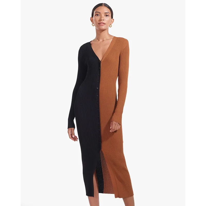 Temperament Contrast Color Stitching V-Neck Button Slim Midi Dress Wholesale Dresses