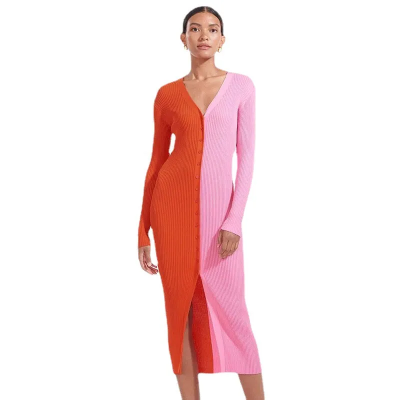 Temperament Contrast Color Stitching V-Neck Button Slim Midi Dress Wholesale Dresses