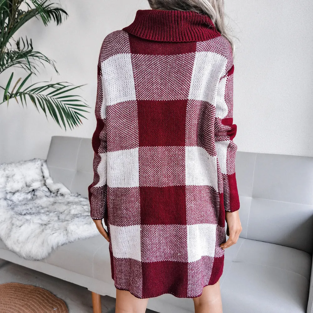 Turtle Neck Plaid Knitting Dress Wholesale