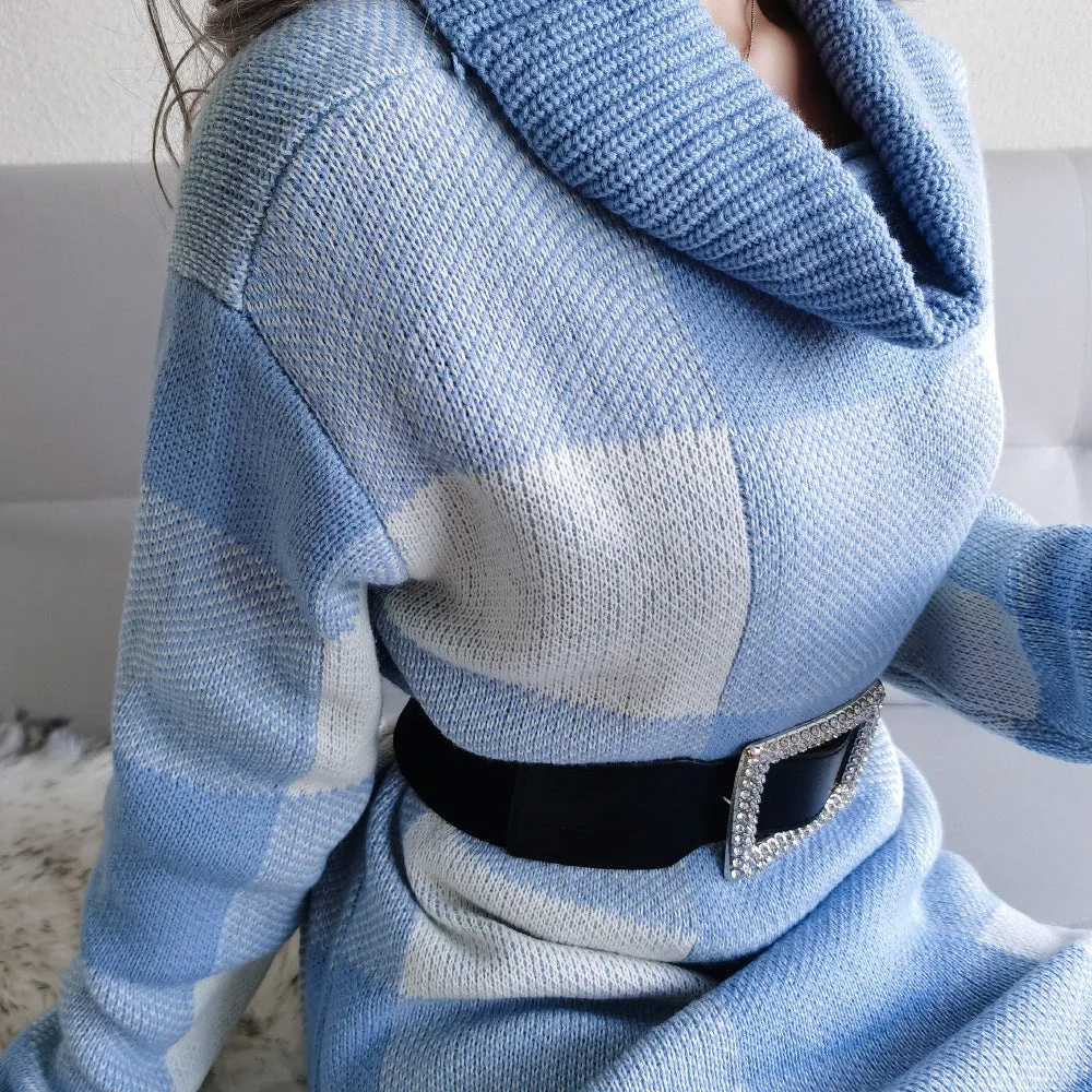 Turtle Neck Plaid Knitting Dress Wholesale