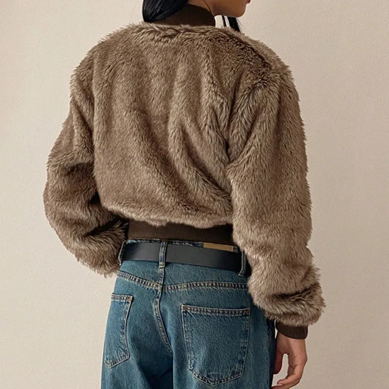 Vintage Brown Fluffy Faux Fur Zip-Up Coat