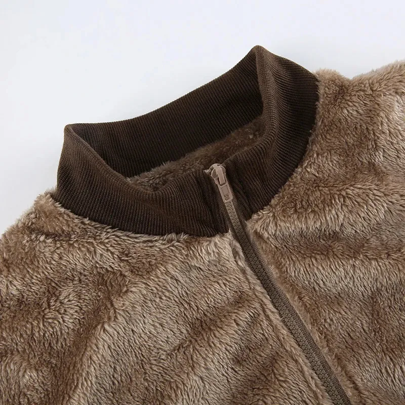 Vintage Brown Fluffy Faux Fur Zip-Up Coat