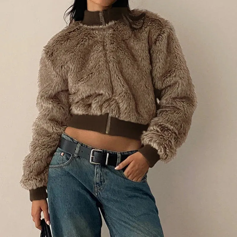 Vintage Brown Fluffy Faux Fur Zip-Up Coat