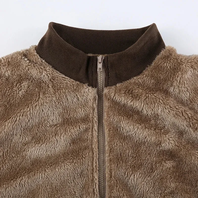 Vintage Brown Fluffy Faux Fur Zip-Up Coat