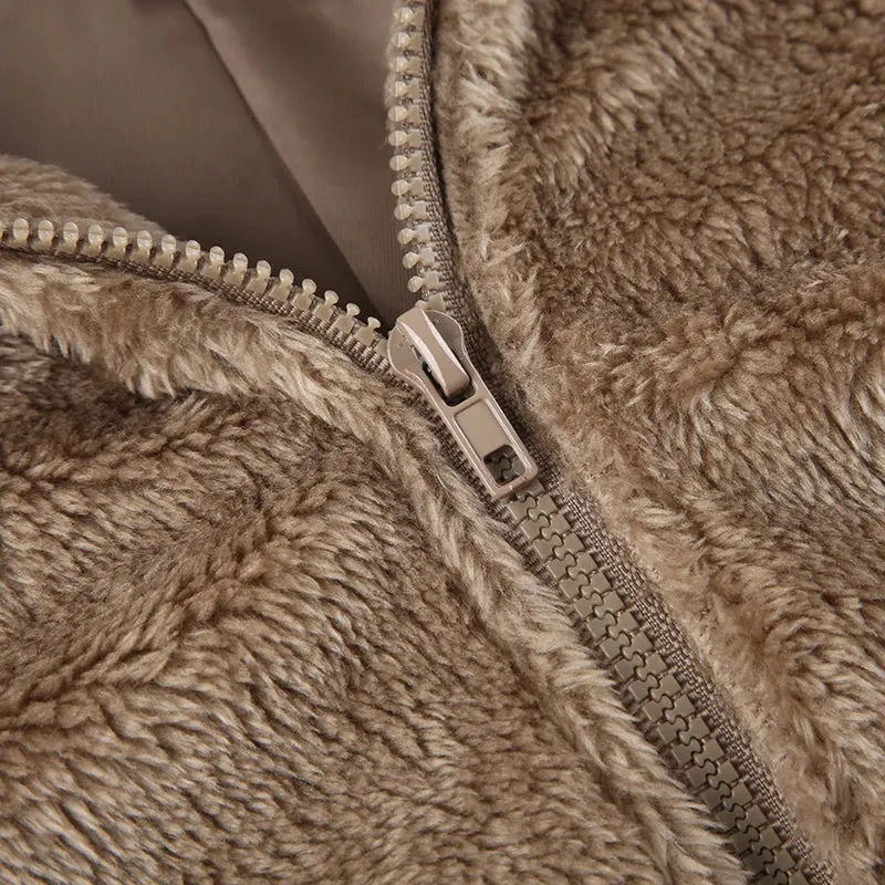 Vintage Brown Fluffy Faux Fur Zip-Up Coat