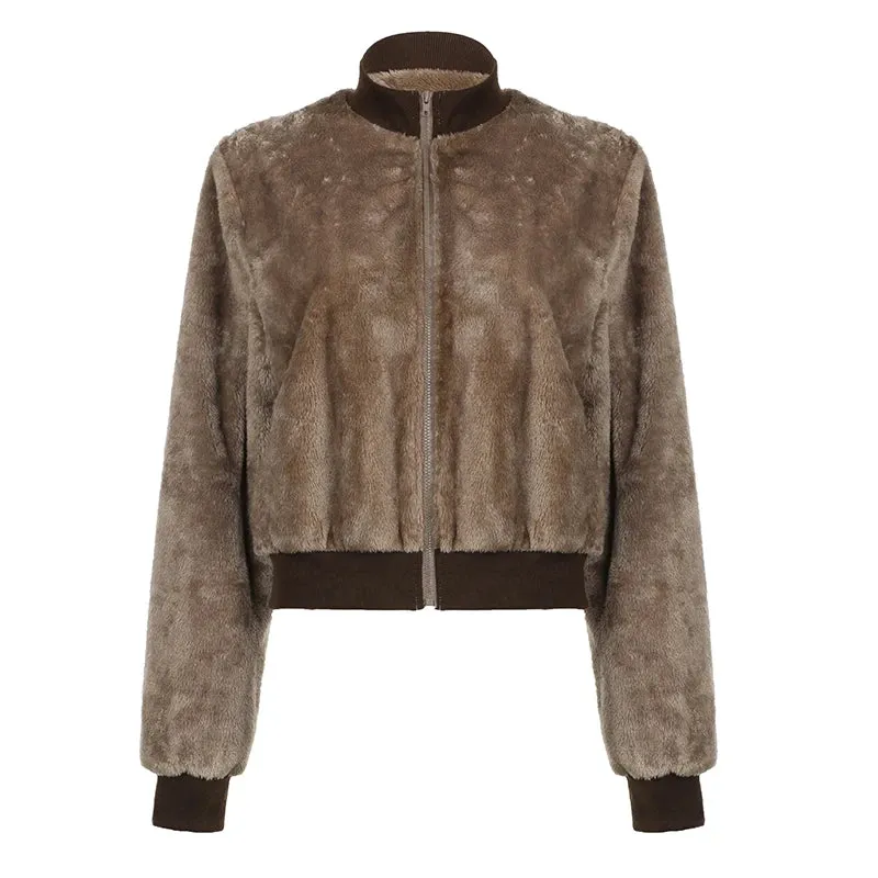 Vintage Brown Fluffy Faux Fur Zip-Up Coat