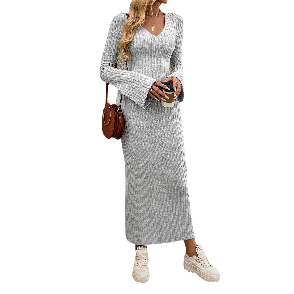 Waist V-Neck Long-Sleeved Hip Maxi Dresses Wholesale Womens Clothing N3824082600039