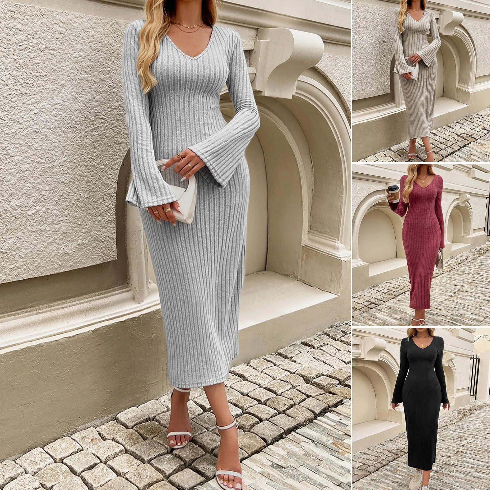 Waist V-Neck Long-Sleeved Hip Maxi Dresses Wholesale Womens Clothing N3824082600039