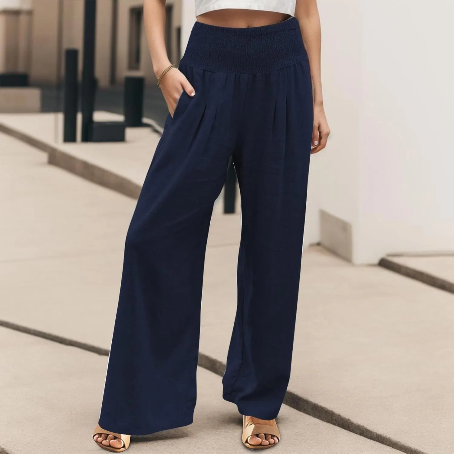 Wide Leg Pants for Women with Pockets Casual High Waisted Straight Leg Palazzo Pant Loose Solid Lounge Trousers