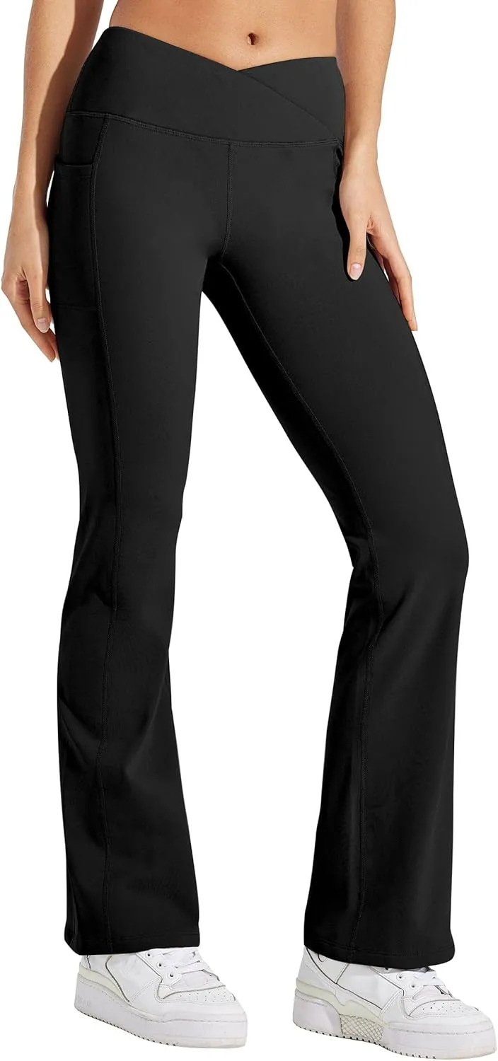 Willit Women's Fleece Lined Pants Yoga Crossover Leggings Bootcut Thermal Winter Pants Flare Leggings Water Resistant
