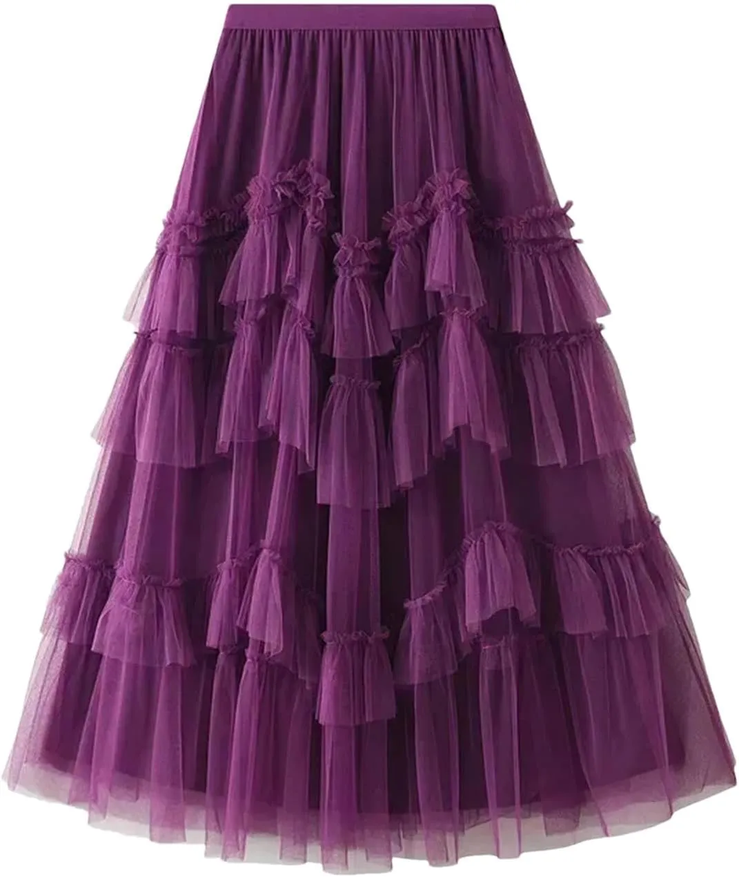 Women Cake Skirts Elegant Ruffles Tiered A Line Tulle Long Skirts Female Casual Elastic Waist Mesh Party Skirt