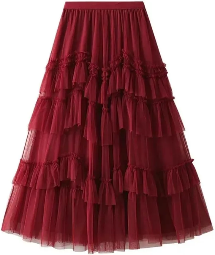 Women Cake Skirts Elegant Ruffles Tiered A Line Tulle Long Skirts Female Casual Elastic Waist Mesh Party Skirt