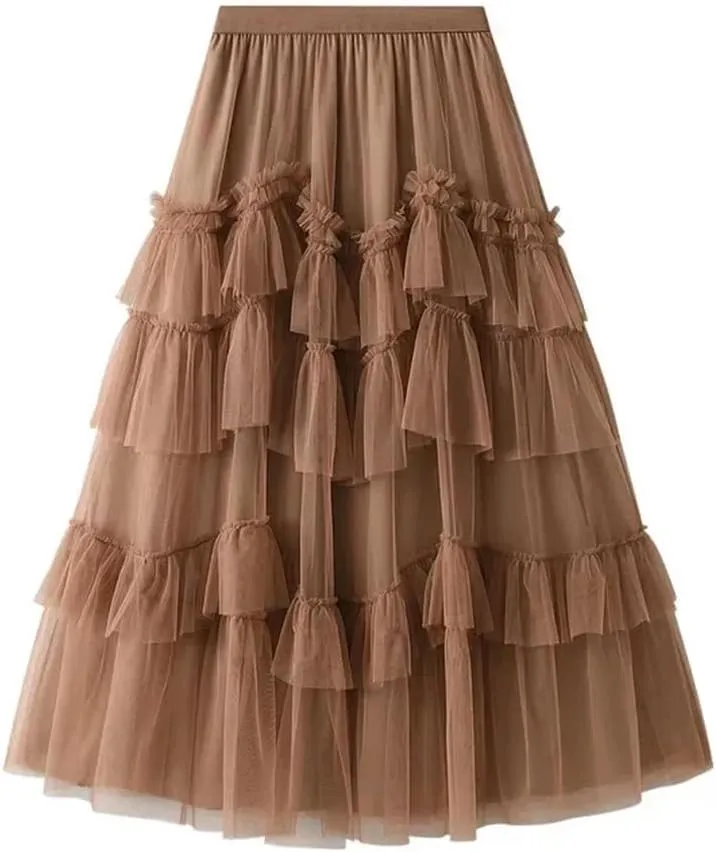 Women Cake Skirts Elegant Ruffles Tiered A Line Tulle Long Skirts Female Casual Elastic Waist Mesh Party Skirt