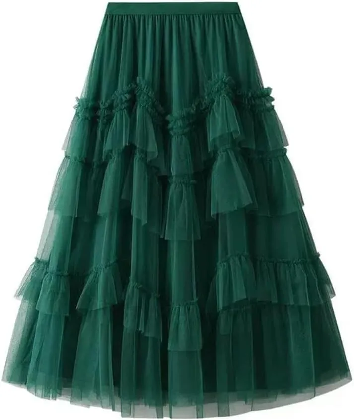 Women Cake Skirts Elegant Ruffles Tiered A Line Tulle Long Skirts Female Casual Elastic Waist Mesh Party Skirt