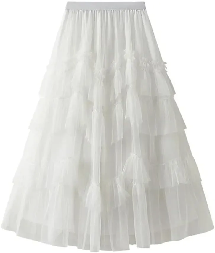 Women Cake Skirts Elegant Ruffles Tiered A Line Tulle Long Skirts Female Casual Elastic Waist Mesh Party Skirt