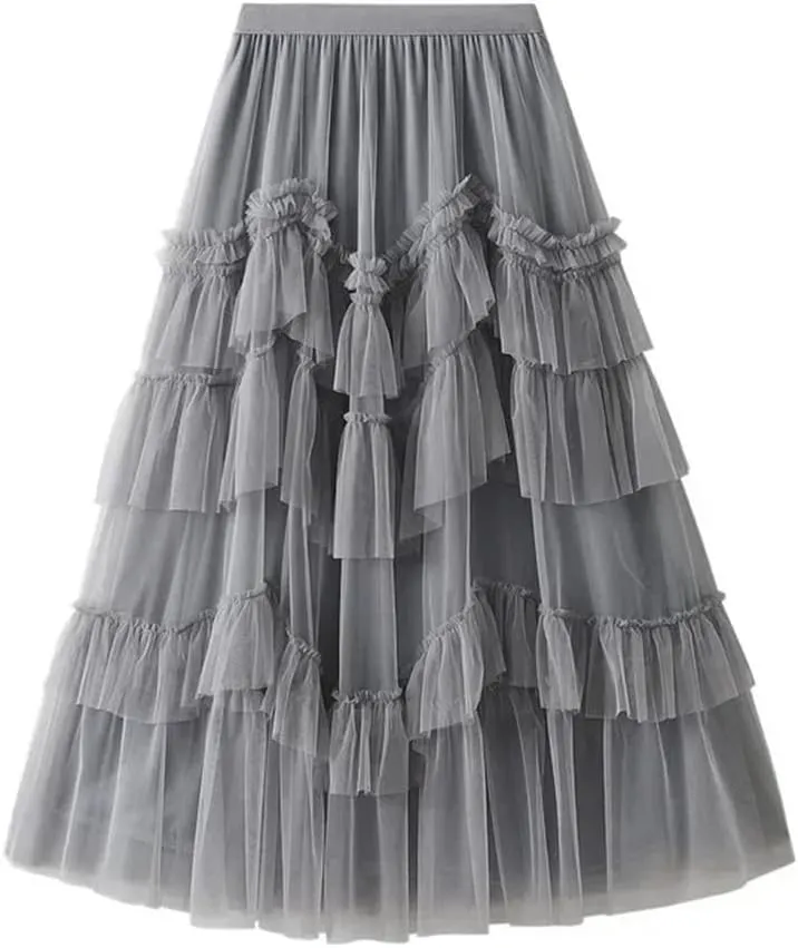 Women Cake Skirts Elegant Ruffles Tiered A Line Tulle Long Skirts Female Casual Elastic Waist Mesh Party Skirt