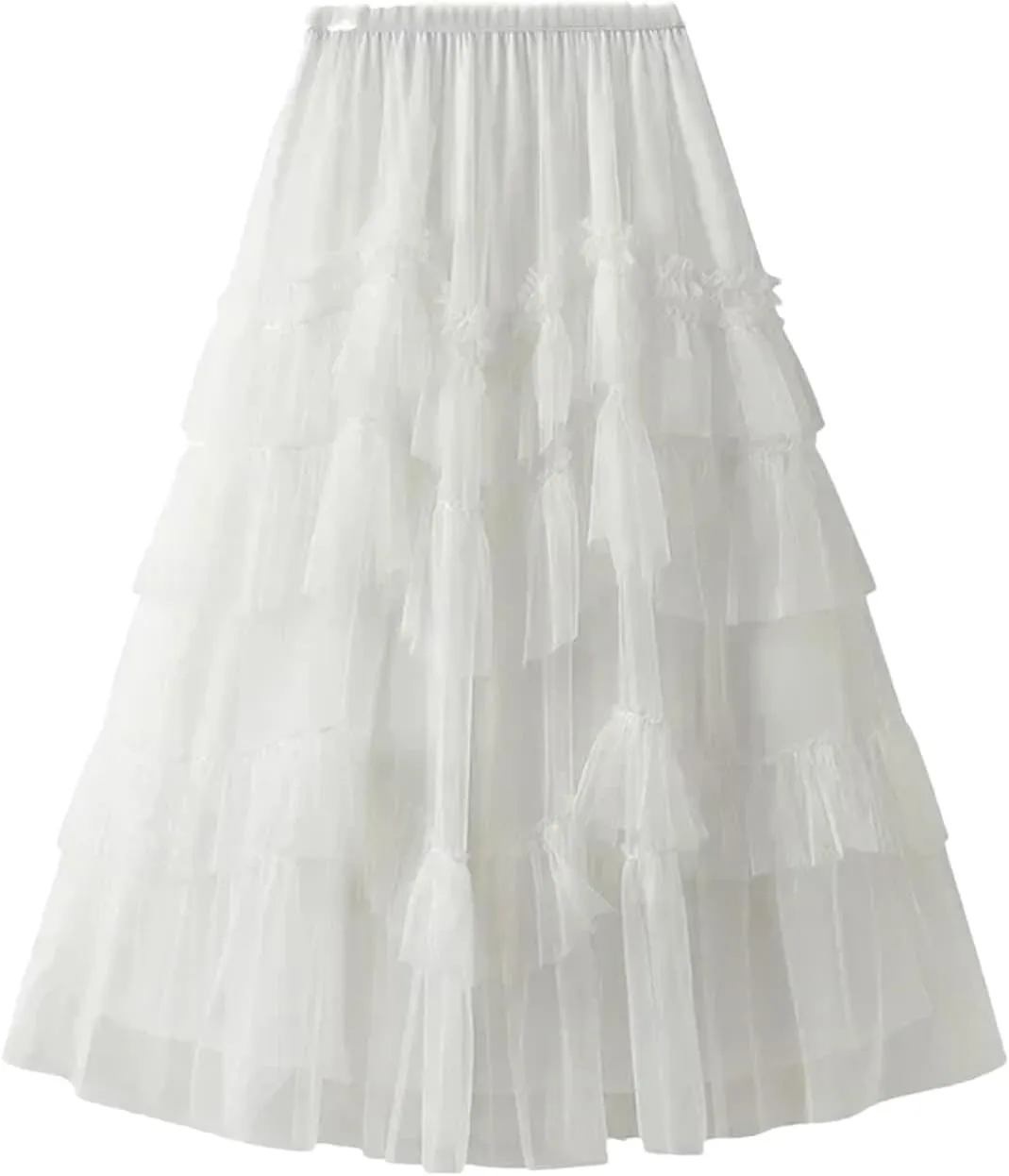 Women Cake Skirts Elegant Ruffles Tiered A Line Tulle Long Skirts Female Casual Elastic Waist Mesh Party Skirt