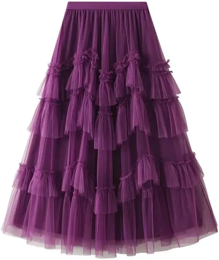 Women Cake Skirts Elegant Ruffles Tiered A Line Tulle Long Skirts Female Casual Elastic Waist Mesh Party Skirt