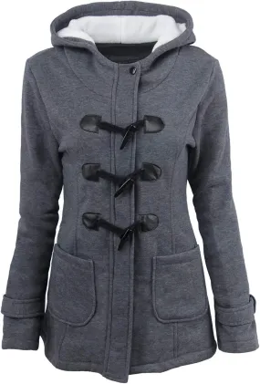 Women Trendy Horn Buttons Jackets Casual Fall Winter Coats Outwear Padded Hooded Parka Jacket Plain Overcoat
