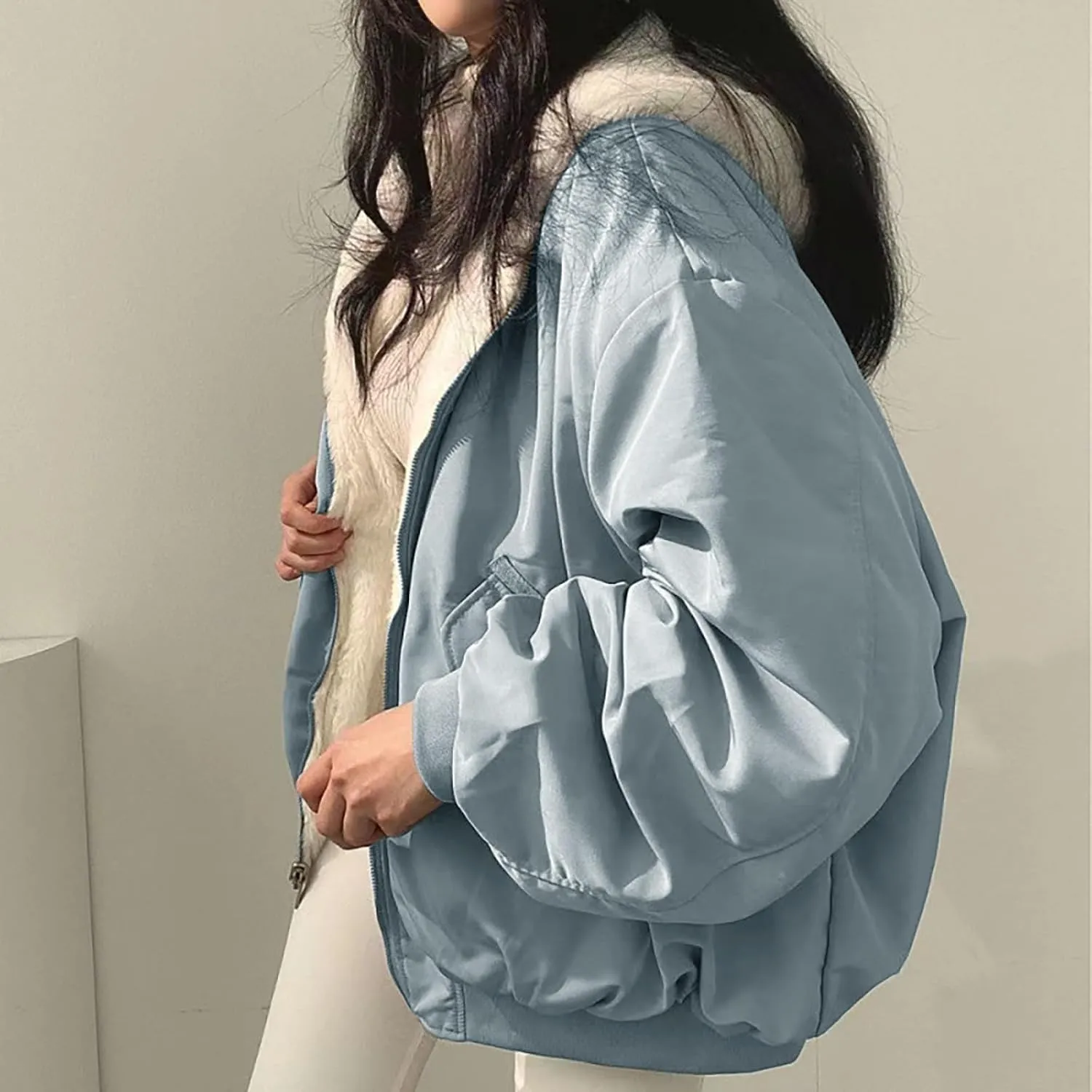 Women's 2024 Winter Fashion Clothes Outerwear with Pockets Hooded Fleece Jacket Full Zip Black Padded Coats