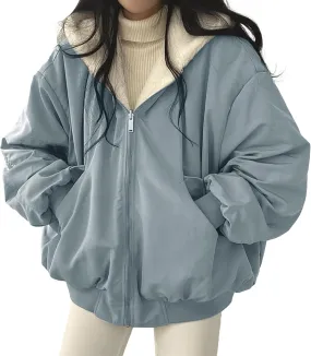Women's 2024 Winter Fashion Clothes Outerwear with Pockets Hooded Fleece Jacket Full Zip Black Padded Coats