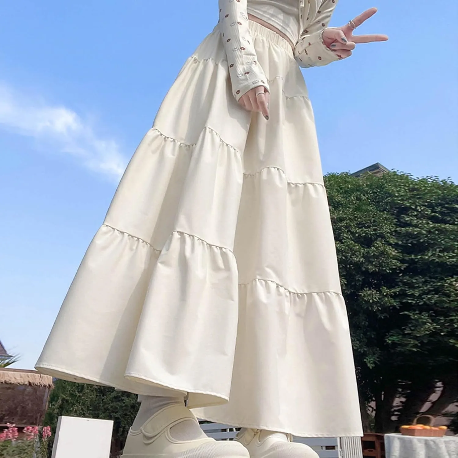 Women's 2025 Summer Boho Skirt Elastic High Waist Pleated A-Line Flowy Ruffle Swing Tiered Long Vacation Beach Skirt
