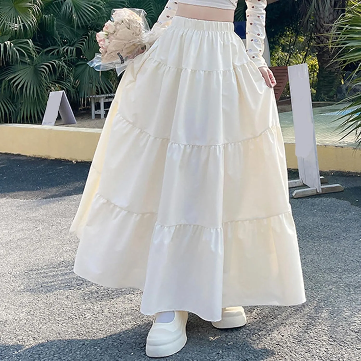 Women's 2025 Summer Boho Skirt Elastic High Waist Pleated A-Line Flowy Ruffle Swing Tiered Long Vacation Beach Skirt