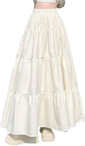 Women's 2025 Summer Boho Skirt Elastic High Waist Pleated A-Line Flowy Ruffle Swing Tiered Long Vacation Beach Skirt