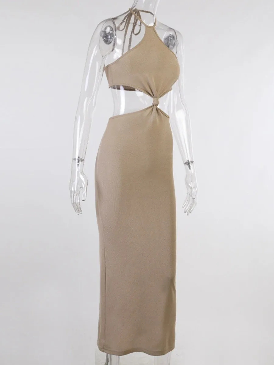 Women's Sexy Knitted Halter Dress Open Back Hollow Waist Front Knot Tie Up