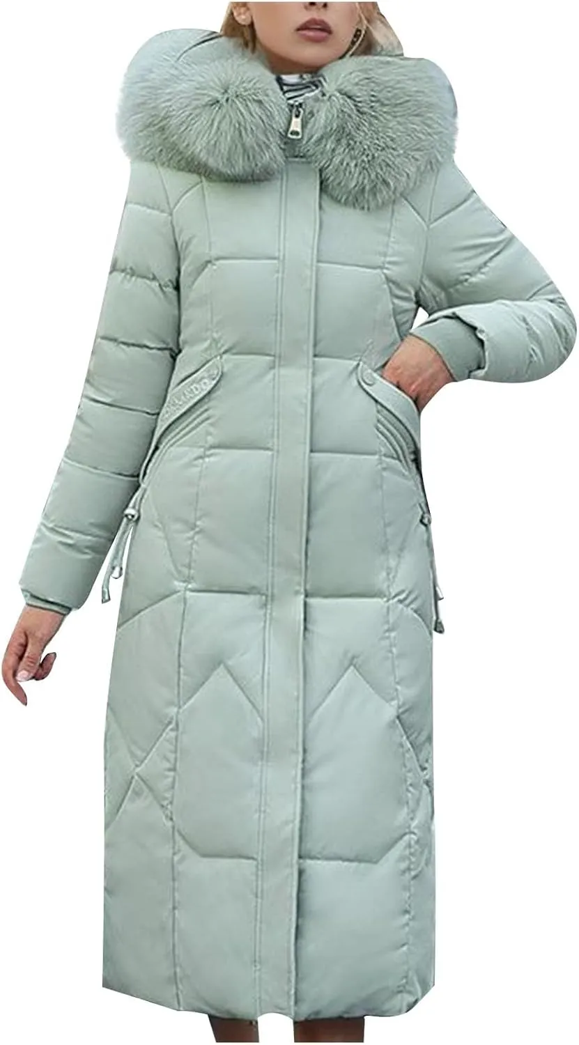 Women's Winter Long Coats Puffer Down Quilted Jackets Long Sleeve Full Zip Faux Fur Hood Padded Outerwear