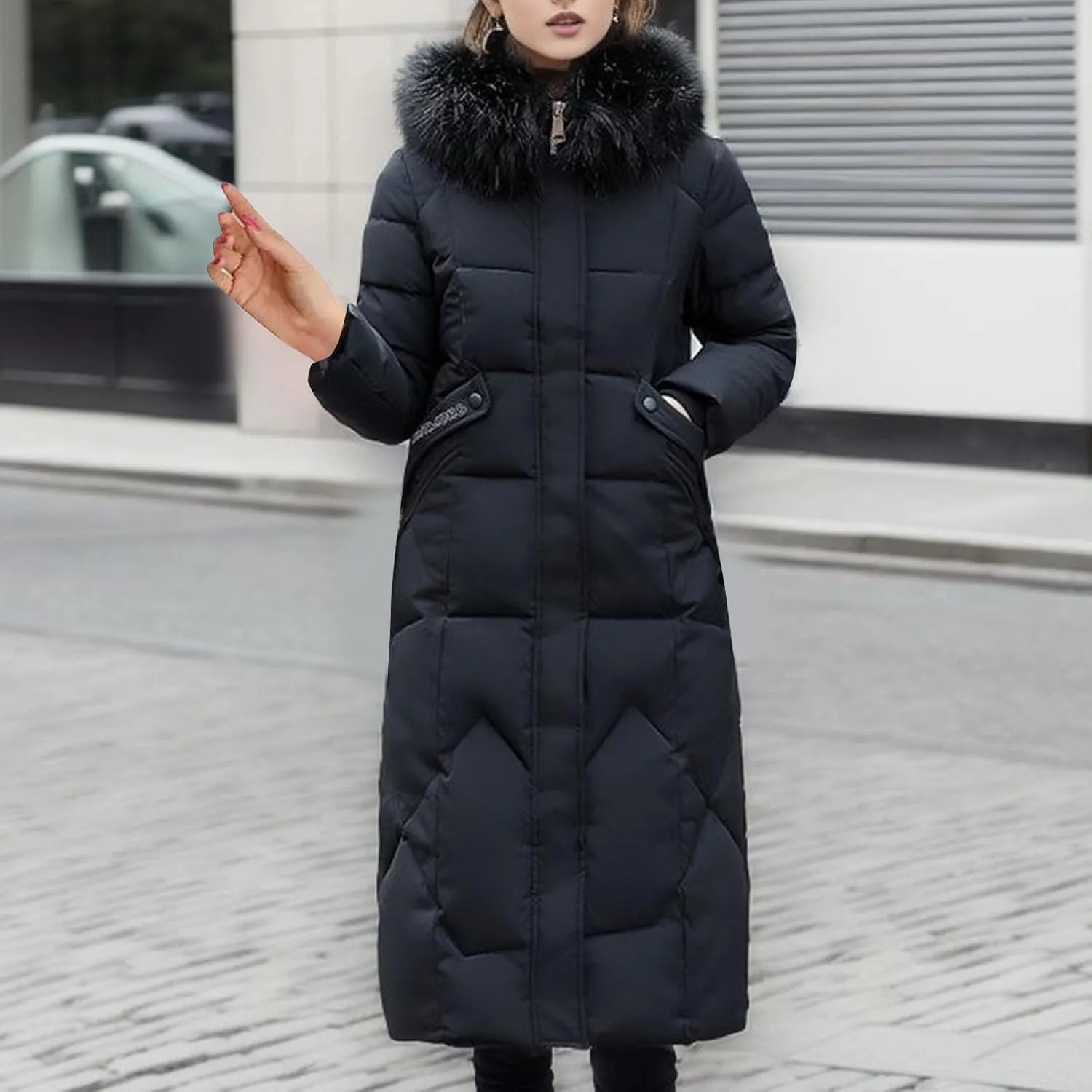 Women's Winter Long Coats Puffer Down Quilted Jackets Long Sleeve Full Zip Faux Fur Hood Padded Outerwear