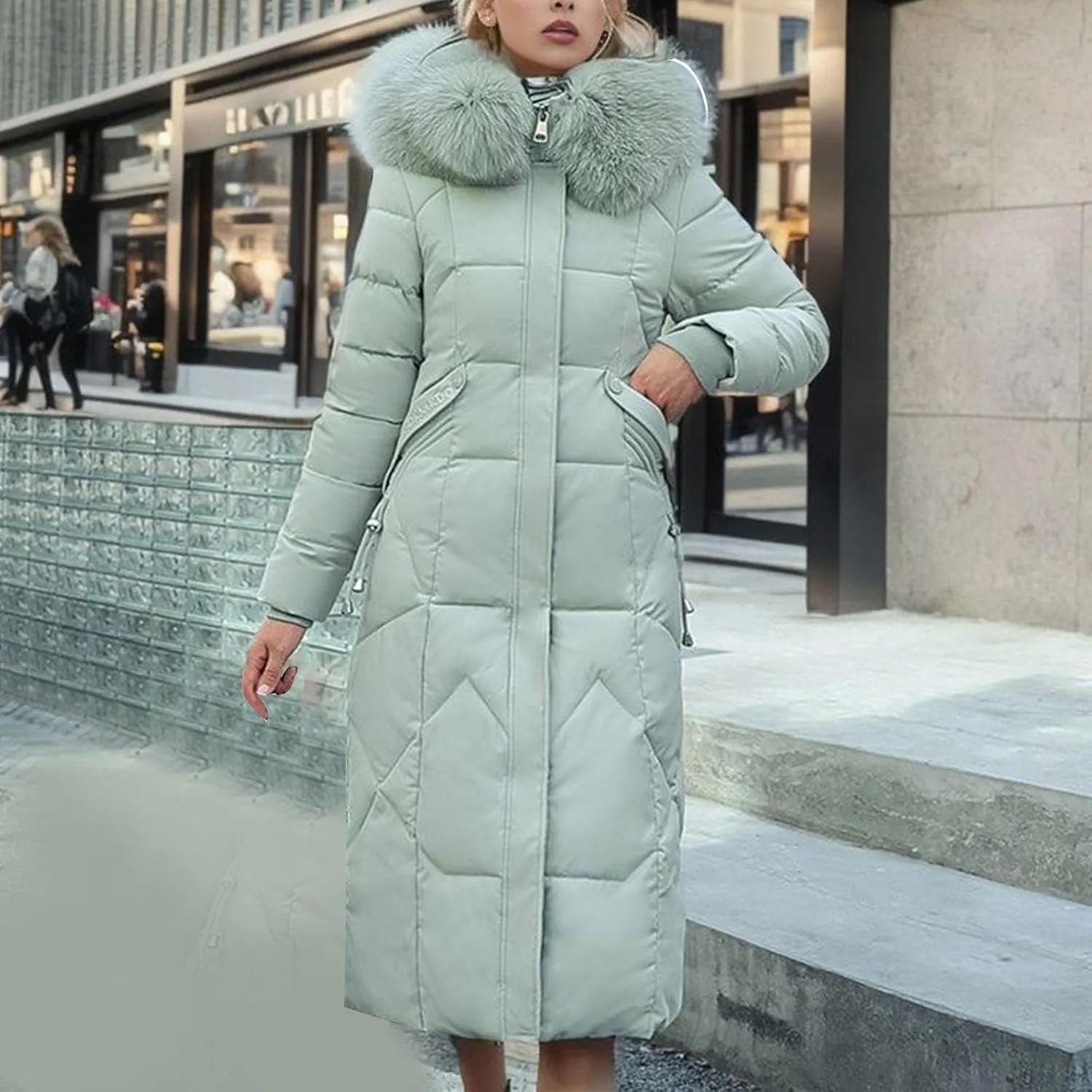 Women's Winter Long Coats Puffer Down Quilted Jackets Long Sleeve Full Zip Faux Fur Hood Padded Outerwear